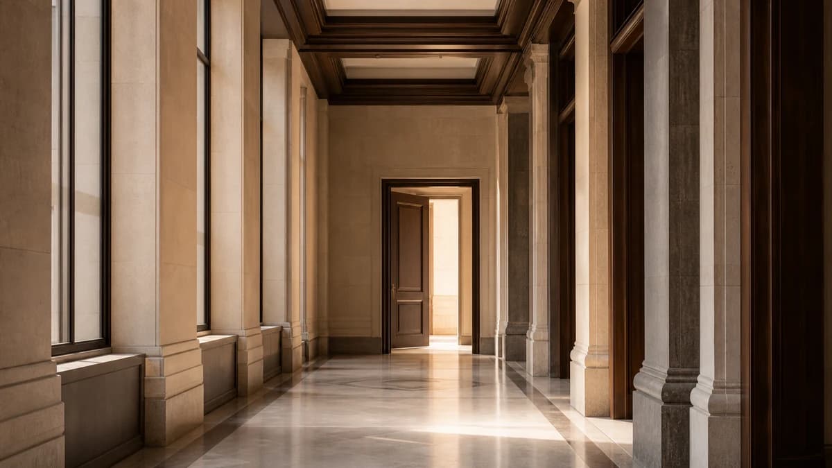 Empty stone-and-wood institutional corridor with an open doorway at first light