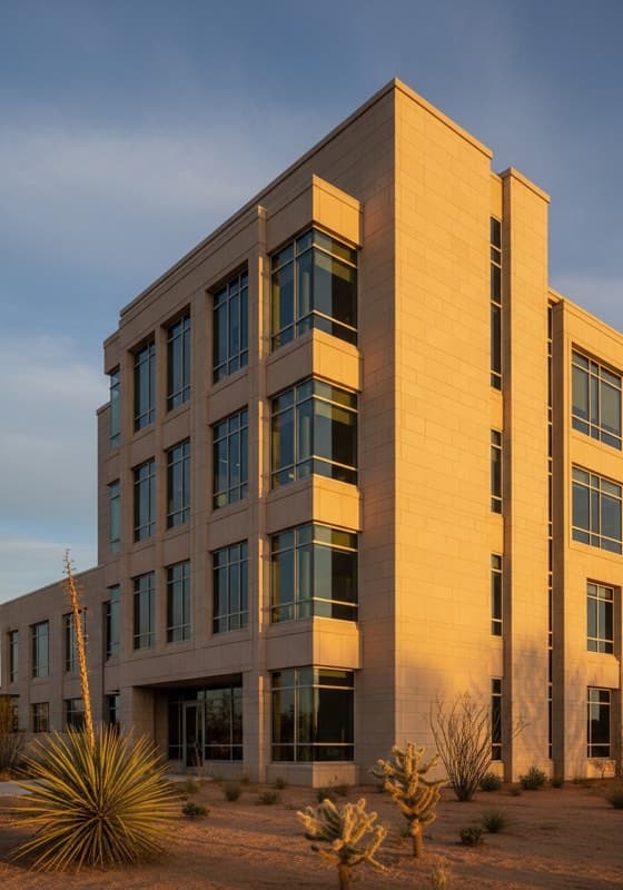 Exterior of a mid-rise commercial bank building in the American West in late afternoon light