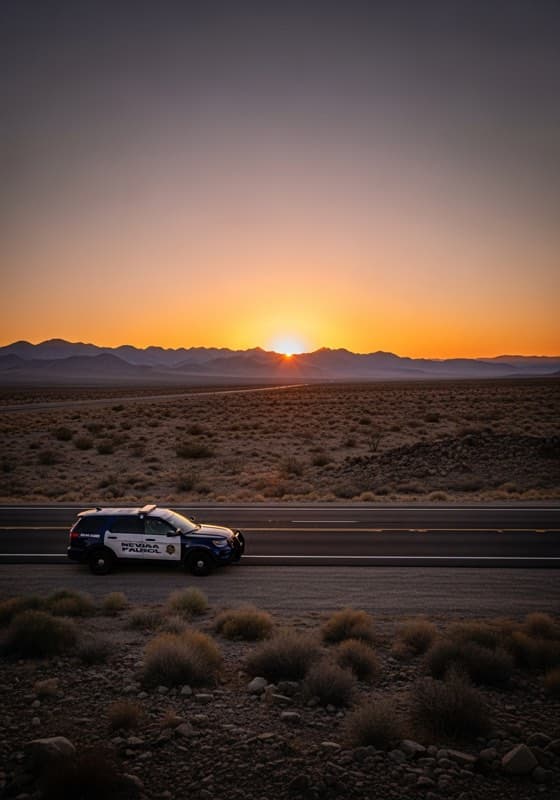 Nevada Highway Patrol vehicle on a desert highway at golden hour with distant mountains