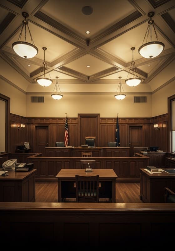 Interior of a 1990s American courtroom with an empty witness stand in dramatic overhead light