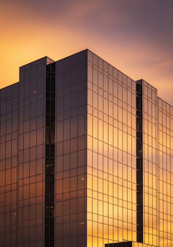 Modern glass office building exterior in a western American city with desert sky reflection