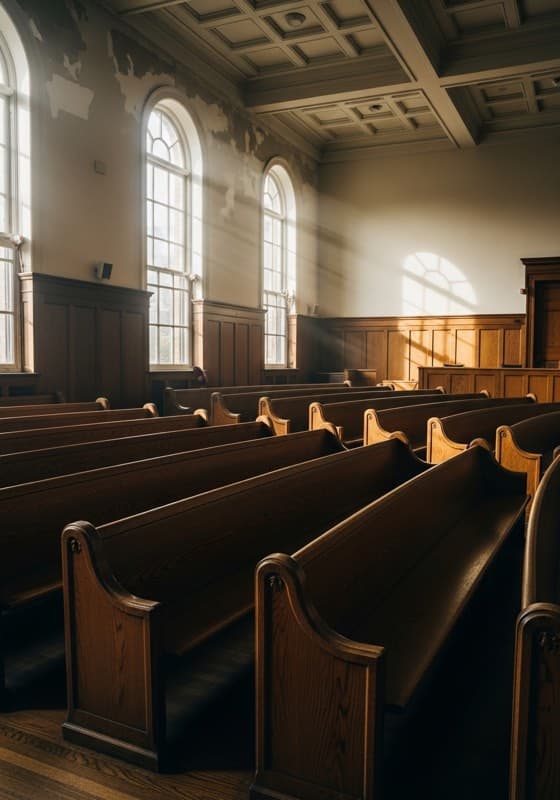 Interior of a wood-paneled courtroom gallery with empty pews and natural light from tall windows