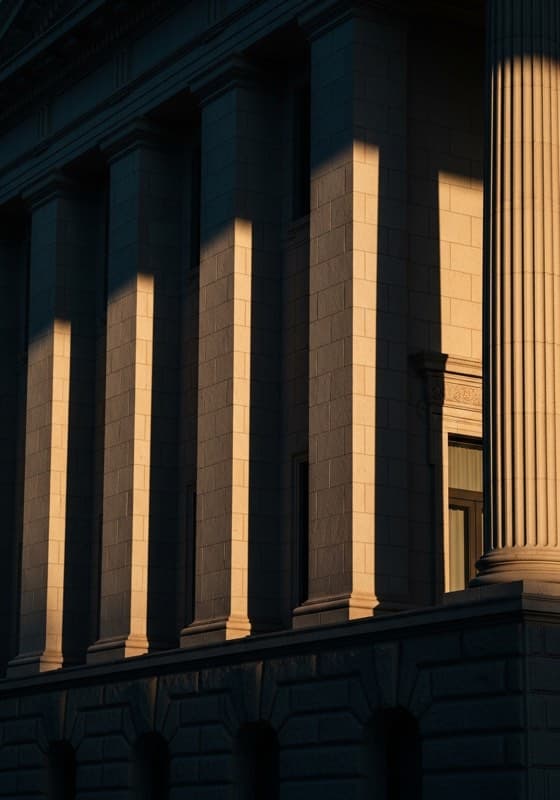 Sandstone government building exterior with geometric shadows cast by tall columns in desert light