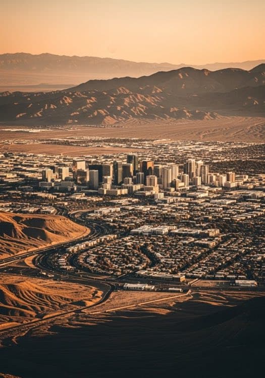 Aerial view of Nevada desert meeting urban development in warm golden-hour light