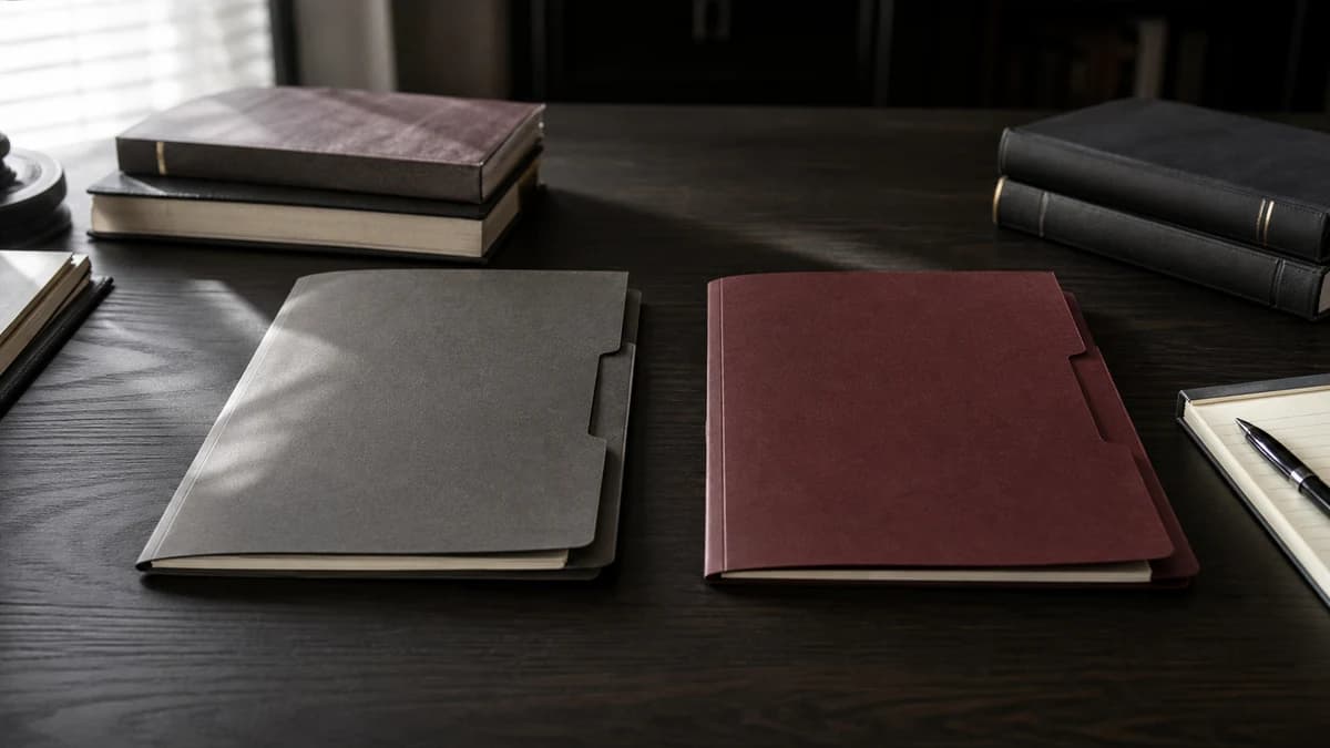 Two unlabeled legal file folders arranged side by side on a dark table