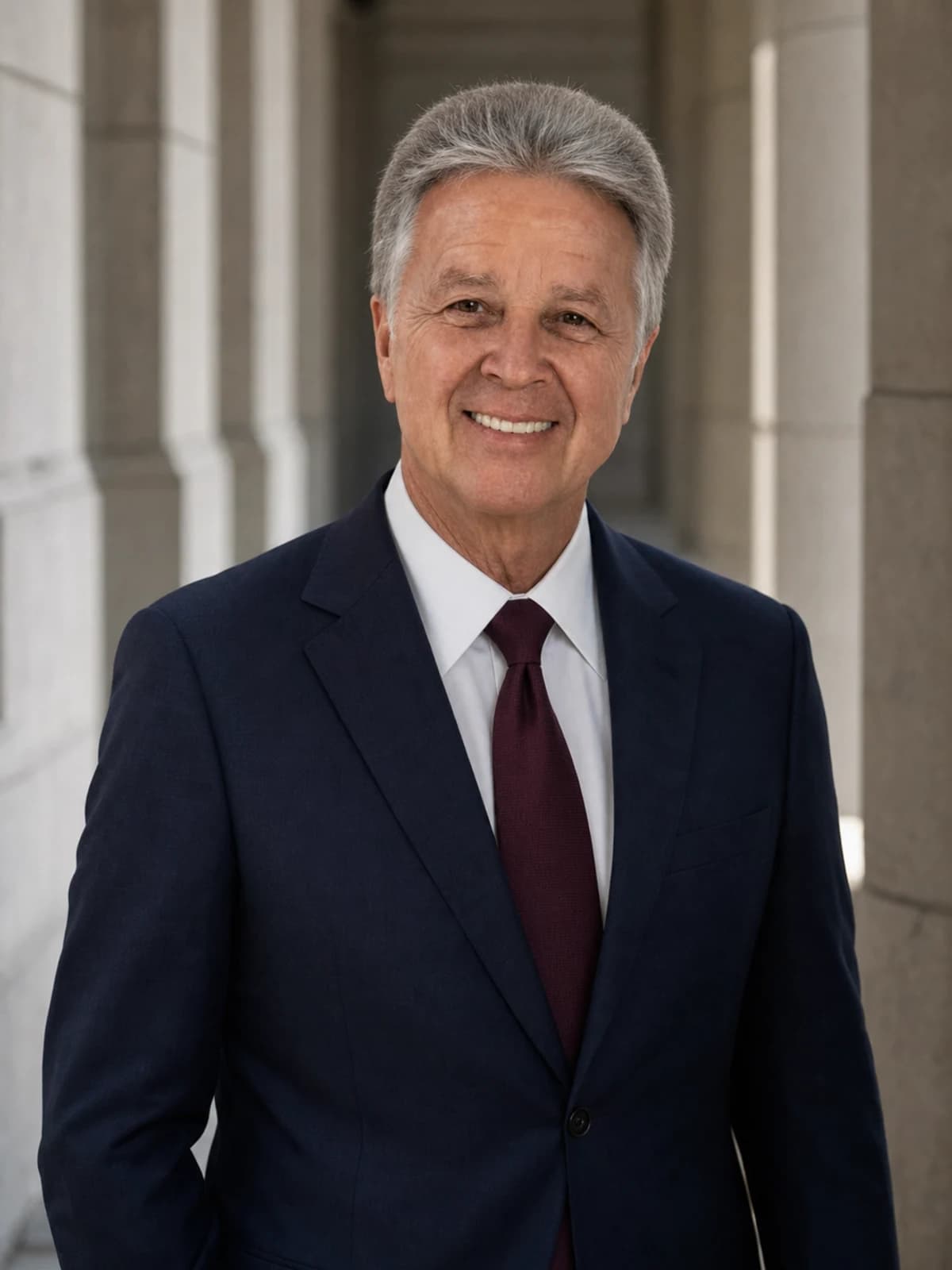 Editorial portrait of Kenneth J. McKenna in a generic stone institutional corridor