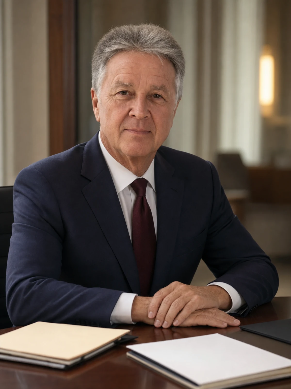 Editorial portrait of Kenneth J. McKenna at a neutral conference table